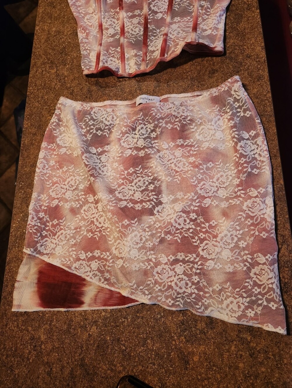OUTCAST Lace-Detail Mini Skirt,Bra, & Corset in Dusty Rose - Picture 7 of 7